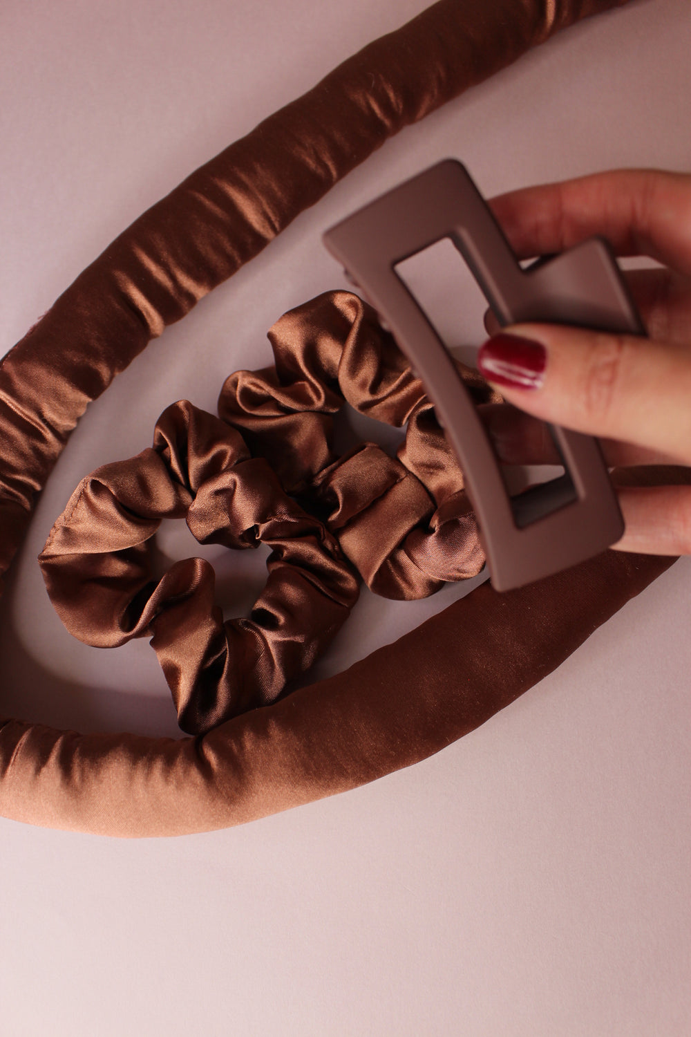 Brown - Heatless Hair Curling Set with Scrunchie and Hair Clip - Silk Curling Ribbon