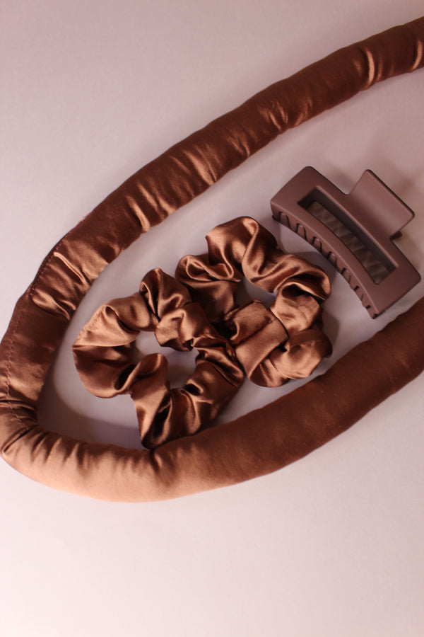 Brown - Heatless Hair Curling Set with Scrunchie and Hair Clip - Silk Curling Ribbon