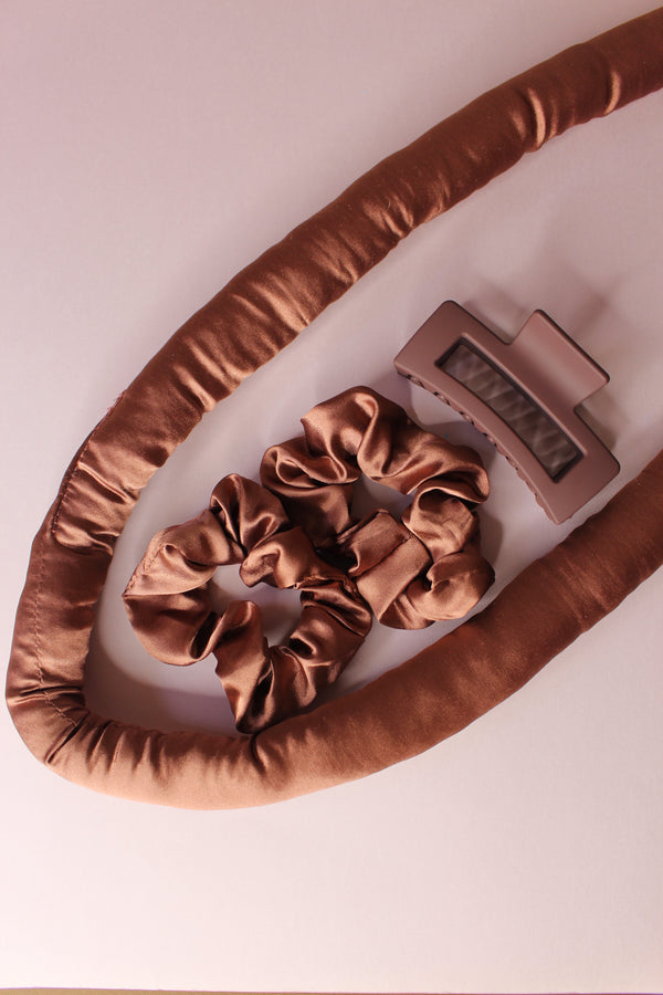 Brown - Heatless Hair Curling Set with Scrunchie and Hair Clip - Silk Curling Ribbon