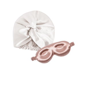 The Dream Duo: Premium Aura Twist Silk Bonnet paired perfectly with the 22 Momme Silk Sleep Eye Mask