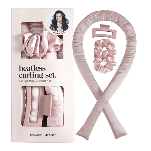 Pink - Heatless Hair Curling Set with Scrunchie and Hair Clip - Silk Curling Ribbon