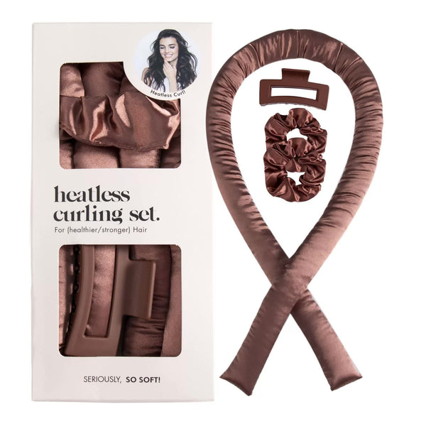 Brown - Heatless Hair Curling Set with Scrunchie and Hair Clip - Silk Curling Ribbon